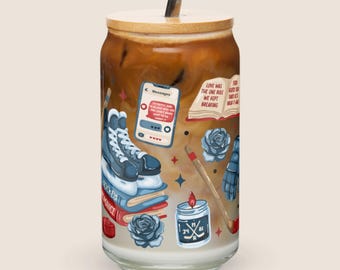 Hockey Romance Glass with Lid & Straw: Heated Rivalry Inspired, Iced Coffee Cup, Shane and Ilya