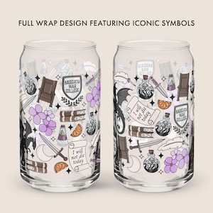 May include: Two clear glass can-shaped cups with a full wrap design featuring iconic symbols. The design includes a dragon, swords, books, flowers, and the text "I will not die today" and "Basgiath War College".