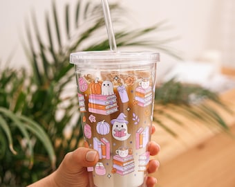 Bookish Halloween Tumbler with Straw: Pumpkin Spice Iced Coffee Cup