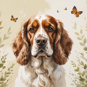 Cocker Spaniel Botanical Print - Whimsical Dog Wall Art with butterflies, Digital Download, Rustic pet portrait for Dog Lovers