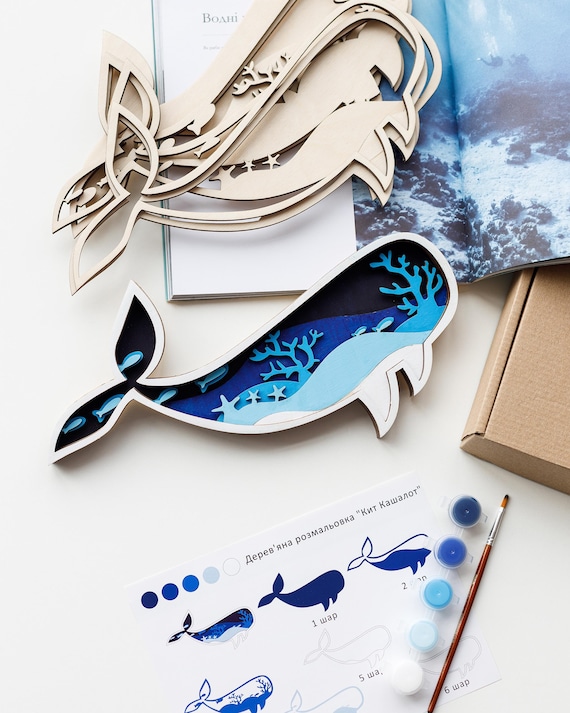 Cachalot Whale Funny DIY Kit, Layered Wood Coloring, Ocean Themed
