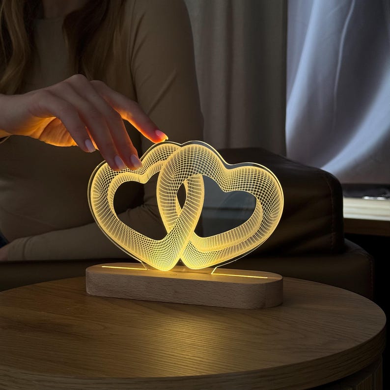 Lámpara LED de dos corazones conectados, luz nocturna de ilusión 3D con corazones de amor, lámpara acrílica personalizada para mesa, regalo de boda personalizado para pareja