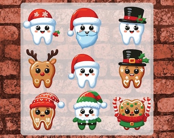 May include: A DTF transfer sheet featuring nine cartoon characters, including teeth and gingerbread shapes dressed in Christmas attire like Santa hats, reindeer antlers, and top hats. The text reads DTF TRANSFER and READY TO PRESS.