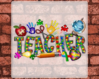Autism Awareness Teacher DTF Transfer, Colorful Puzzle Print School Theme Iron On Transfers