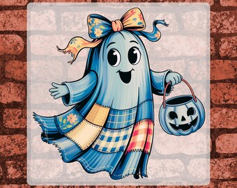 Patchwork Ghost DTF Transfer Ready to Press, Cute Halloween Ghost with Bow Heat Transfer, Retro Fall Shirt Transfer, Trendy Halloween Print