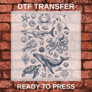 May include: A DTF transfer sheet featuring a collection of dark blue ink illustrations of marine life, including a shark, whale, octopus, sea turtle, crab, lobster, dolphin, starfish, various seashells, and coral, with the text DTF TRANSFER READY TO PRESS.