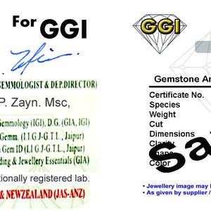 Puede incluir: Un certificado de autenticidad GGI que presenta un gran c&oacute;digo QR en blanco y negro a la izquierda. El texto incluye For GGI, P. Zayn Msc y Gemstone Analysis Report. Una peque&ntilde;a imagen de una piedra preciosa ovalada roja y amarilla est&aacute; a la derecha.