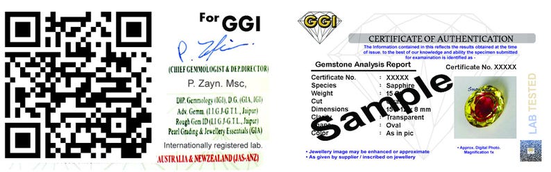 Puede incluir: Un certificado de autenticidad GGI que presenta un gran c&oacute;digo QR en blanco y negro a la izquierda. El texto incluye For GGI, P. Zayn Msc y Gemstone Analysis Report. Una peque&ntilde;a imagen de una piedra preciosa ovalada roja y amarilla est&aacute; a la derecha.