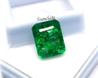 Könnte beinhalten: Ein rechteckiger Edelstein im Smaragdschliff mit leuchtend grüner Farbe und inneren Einschlüssen sowie facettierter Oberfläche. Das Wort Snowhite ist in schwarzer Schrift über dem Edelstein aufgedruckt, der auf einem weißen Kunststoffetui liegt.