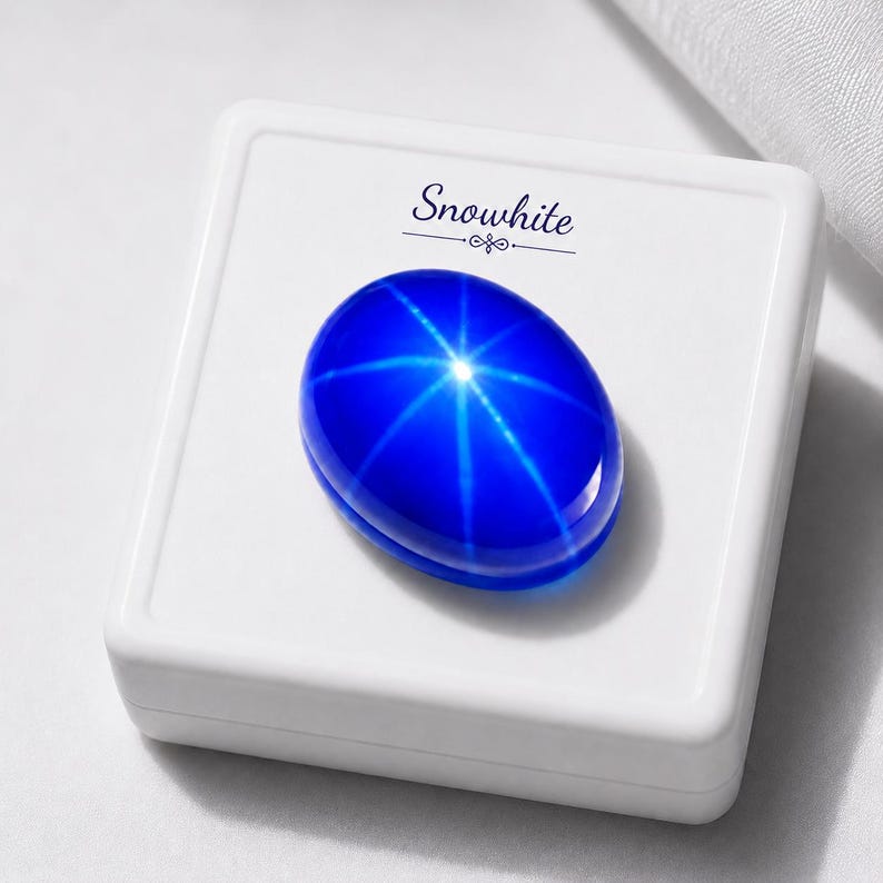 Puede incluir: Una gema ovalada de color azul vibrante con un efecto de estrella de seis puntas, centrada en una caja de presentaci&oacute;n cuadrada blanca. La tapa de la caja tiene impresa la palabra Snowwhite en letra cursiva azul sobre una l&iacute;nea.