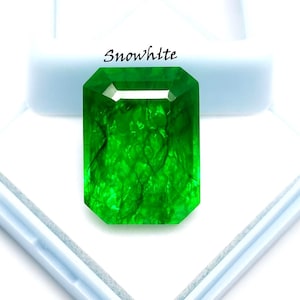 Könnte beinhalten: Ein lebendiger, smaragdgeschliffener grüner Edelstein mit inneren Adern. Der Edelstein ist vor einem weißen Hintergrund platziert und mit dem Wort "Snowhlte" in schwarzer Schrift beschriftet.