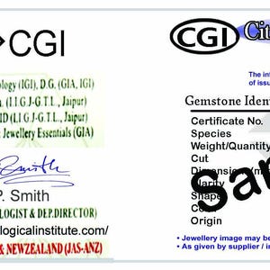 May include: A white City Gemmological Institute certificate of authenticity featuring a black QR code, the CGI logo, and a gemstone identification report. The document includes text, a signature by P. Smith, and a sample image of a green emerald.