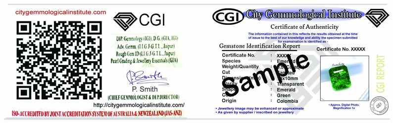May include: A white City Gemmological Institute certificate of authenticity featuring a black QR code, the CGI logo, and a gemstone identification report. The document includes text, a signature by P. Smith, and a sample image of a green emerald.