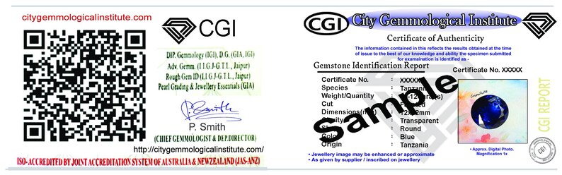 K&ouml;nnte beinhalten: Ein wei&szlig;es Echtheitszertifikat des City Gemmological Institute mit einem schwarzen QR-Code, dem CGI-Logo und einem Edelstein-Identifikationsbericht. Das Dokument enth&auml;lt ein Bild eines blauen Beispiel-Edelsteins, Textdetails und die Unterschrift von P. Smith.