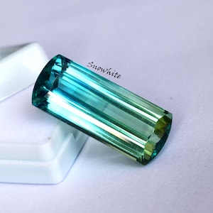 May include: A rectangular gemstone with a gradient of blue and green hues. The gem has a faceted cut, with the word "Snowwhite" written on the surface. The gem is displayed on a white surface.