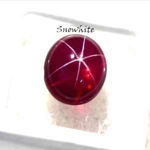 May include: A round, polished, deep red gemstone with a six-rayed star pattern. The gem is set against a white background and has the word "Snowwhite" written above it.