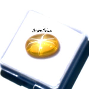 K&ouml;nnte beinhalten: Ein ovaler, goldgelber Sternsaphir-Edelstein mit einem ausgepr&auml;gten sechsstrahligen Sternmuster auf seiner glatten Cabochon-Oberfl&auml;che. Der Edelstein befindet sich in einem wei&szlig;en quadratischen Beh&auml;lter mit dem dar&uuml;ber gedruckten Text Snowwhite.