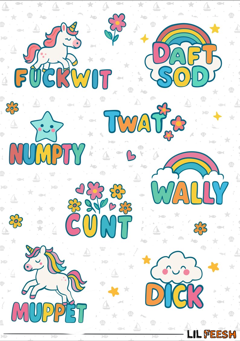 MATURE - British Swear Word Sticker Sheet – Funny UK Insults With Cute ...