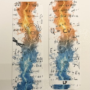 May include: Two rectangular bookmarks with a science theme. Each bookmark features equations and formulas, with a central design of orange and blue lightning. One bookmark has a compass rose graphic.