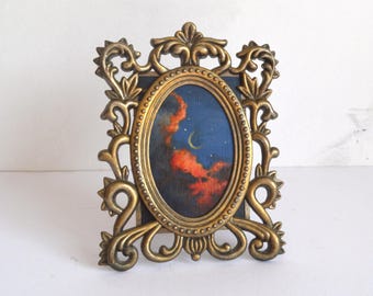 Gothic Crescent Moon Art: Ornate Gold Frame, Celestial Baroque Decor