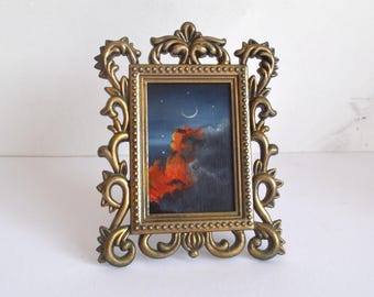 Gothic Crescent Moon Art: Ornate Gold Baroque Frame, Celestial Wall Decor