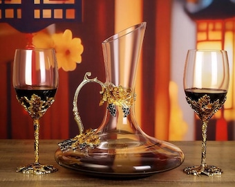 Gold Vintage Wine Glasses Set, Vintage Decanter,Crystal Glass Red Wine Glass,Personalized Glasses,Birthday Gift,Gift For Her,Wedding Glasses