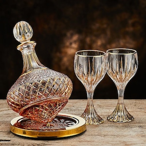 May include: A crystal decanter set with two matching wine glasses. The decanter has a diamond pattern with gold trim, and a gold-trimmed stopper. The glasses and decanter sit on a gold-rimmed tray, all on a wooden surface.
