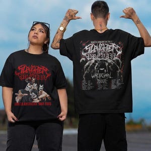 May include: Black t-shirts with band graphics. One shirt features the text "Slaughter to Prevail" in red, with a band image and "North American Tour 2020." The other shirt displays "Slaughter to Prevail" and a bear graphic.