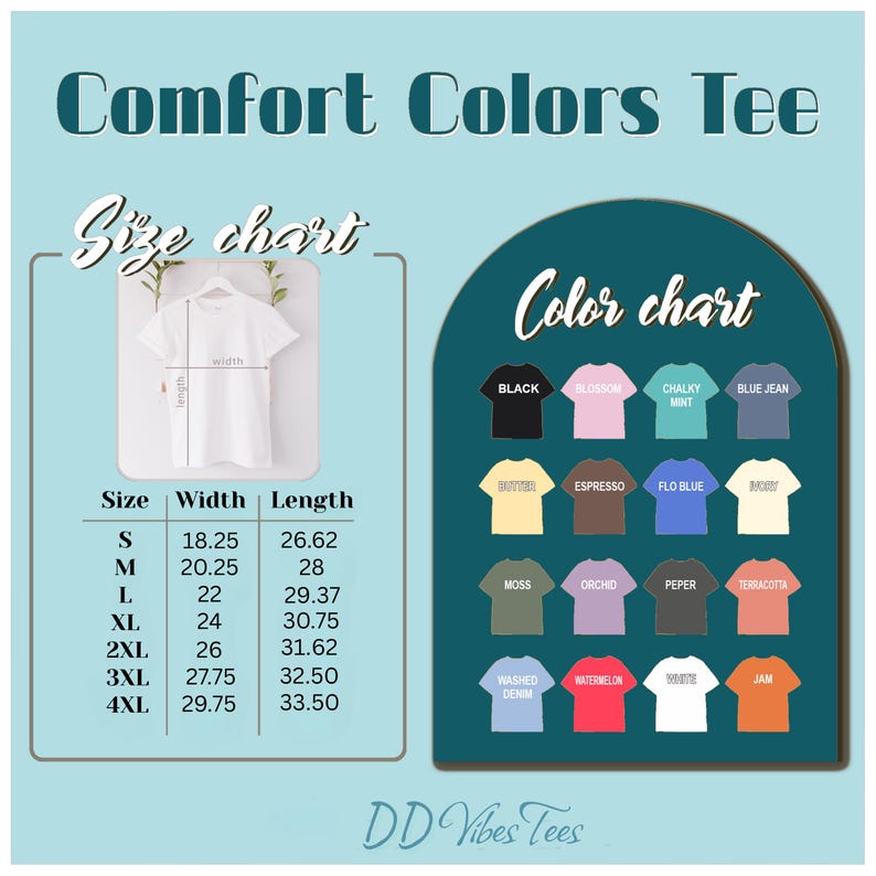 Puede incluir: Un gr&aacute;fico turquesa con el texto "Comfort Colors Tee", una tabla de tallas y una carta de colores. La carta de colores muestra varios colores de camisetas, incluyendo negro, rosa y azul vaquero. La tabla de tallas muestra medidas de camisas en cm.