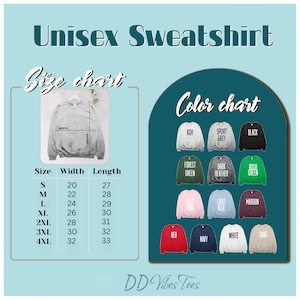 Puede incluir: Imagen de una sudadera unisex con una tabla de tallas y colores. La tabla de tallas muestra medidas en pulgadas, con el equivalente en cm. Las opciones de color incluyen ceniza, gris deportivo, negro, verde bosque, brezo oscuro, verde irland&eacute;s, rosa claro, azul claro, granate, rojo, azul marino, blanco y arena.
