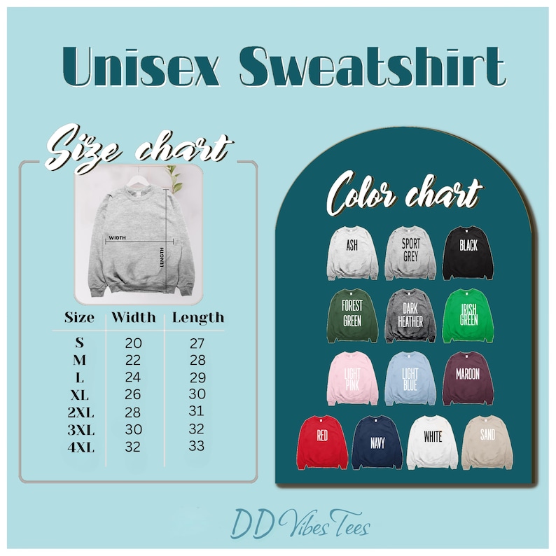 Puede incluir: Imagen de una sudadera unisex con una tabla de tallas y colores. La tabla de tallas muestra medidas en pulgadas, con el equivalente en cm. Las opciones de color incluyen ceniza, gris deportivo, negro, verde bosque, brezo oscuro, verde irland&eacute;s, rosa claro, azul claro, granate, rojo, azul marino, blanco y arena.