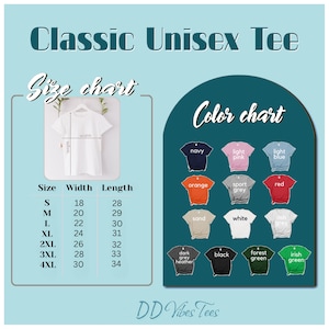 Puede incluir: Imagen de una camiseta blanca con tablas de tallas y colores. La tabla de tallas enumera las tallas S a 4XL con medidas de ancho y largo en cent&iacute;metros. La tabla de colores muestra varios colores de camisetas, como azul marino y naranja.