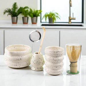 Japanese Matcha Bowl Set – 6pc Handmade Ceramic whisk and scoop set – Green Tea Ceremony Kit Gift – Boxed Sets1563