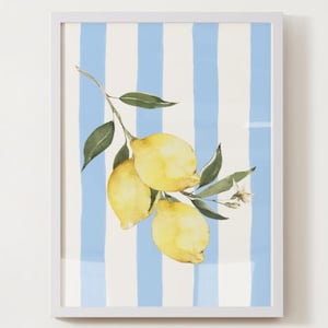 Lemon Botanical Print | Mediterranean Kitchen Wall Art | Blue & White Stripe Background | Digital Download