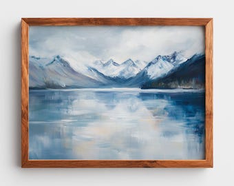 Utskrivbar väggkonst med alpin sjöreflektion, snötäckt bergslandskap (digital nedladdning) 52
