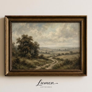 Pintura de paisaje rústico, arte mural campestre, decoración pastoral vintage, escena rural con cielo melancólico, obra de arte de sendero sinuoso, lámina artística hogareña