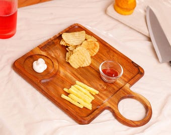 Bandeja de madera de acacia artesanal con asa / Tabla de quesos de madera con soporte para salsas / Bandeja rústica para aperitivos y café