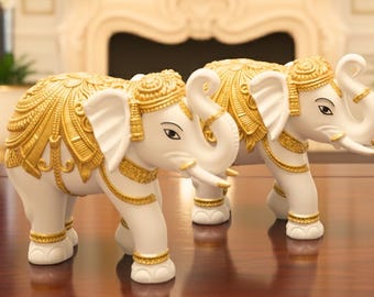 Figuras de elefantes blancos y dorados / Decoración elegante para el hogar, pareja de la suerte