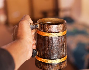 Jarra de cerveza de madera hecha a mano con asa / Taza de café rústica de madera de acacia / Jarra de madera estilo vikingo