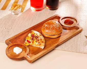 Bandeja de madera de acacia con cuencos para salsas / Tabla de aperitivos de madera hecha a mano / Plato rústico para el hogar y la cafetería