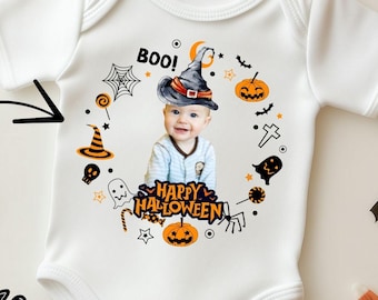 Custom Unisex Baby First Halloween Outfit,Personalized Baby Photo First Halloween Onesie Bodysuit,Halloween Baby gift,1st Halloween Bodysuit