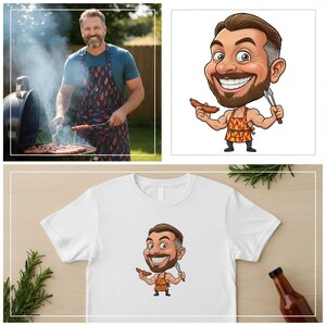 May include: A man grilling sausages on a charcoal grill, wearing a patterned apron. A cartoon illustration of a smiling man holding a sausage and tongs. A white t-shirt with the cartoon illustration.