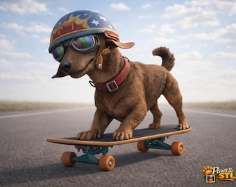 Skate Rider Dog STL – Gedetailleerd 3D-printmodel | Grappige honden (digitale download)