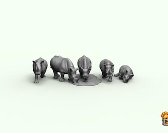Neushoorn STL-set – 5 poses-collectie | Dierenfiguren neushoorn voor 3D-printen | SBL in het wild