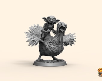 Goblin Rider STL – Grappige fantasiekobold op reuzenkalkoen | Tafelmodel RPG-miniatuur (digitale download)