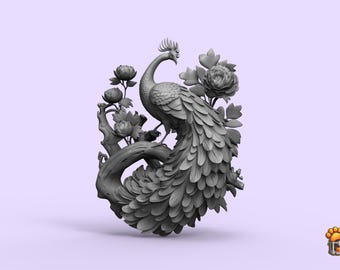 Bloemen pauwsculptuur STL-model | Standbeeld 3D-printen (digitale download)