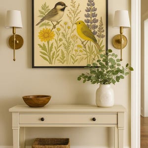 Chickadee & Warbler Botanical Print: Vintage Cottagecore Bird Art (Digital Download
