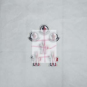 Pode incluir: Uma coleção de patches com o logotipo da Moncler em vermelho, branco e azul. Os patches apresentam o icónico emblema do galo. Os patches são de diferentes tamanhos e formas. O fundo é um tecido branco liso.