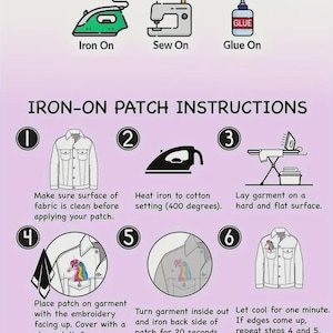 May include: An instructional graphic detailing three methods to apply patches: iron-on, sew-on, and glue-on. The image provides step-by-step instructions for iron-on patches, including preparing the fabric, ironing at 400 degrees, and pressing for 15 seconds.