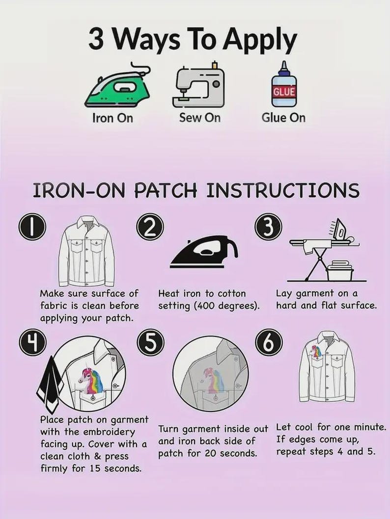 May include: An instructional graphic detailing three methods to apply patches: iron-on, sew-on, and glue-on. The image provides step-by-step instructions for iron-on patches, including preparing the fabric, ironing at 400 degrees, and pressing for 15 seconds.